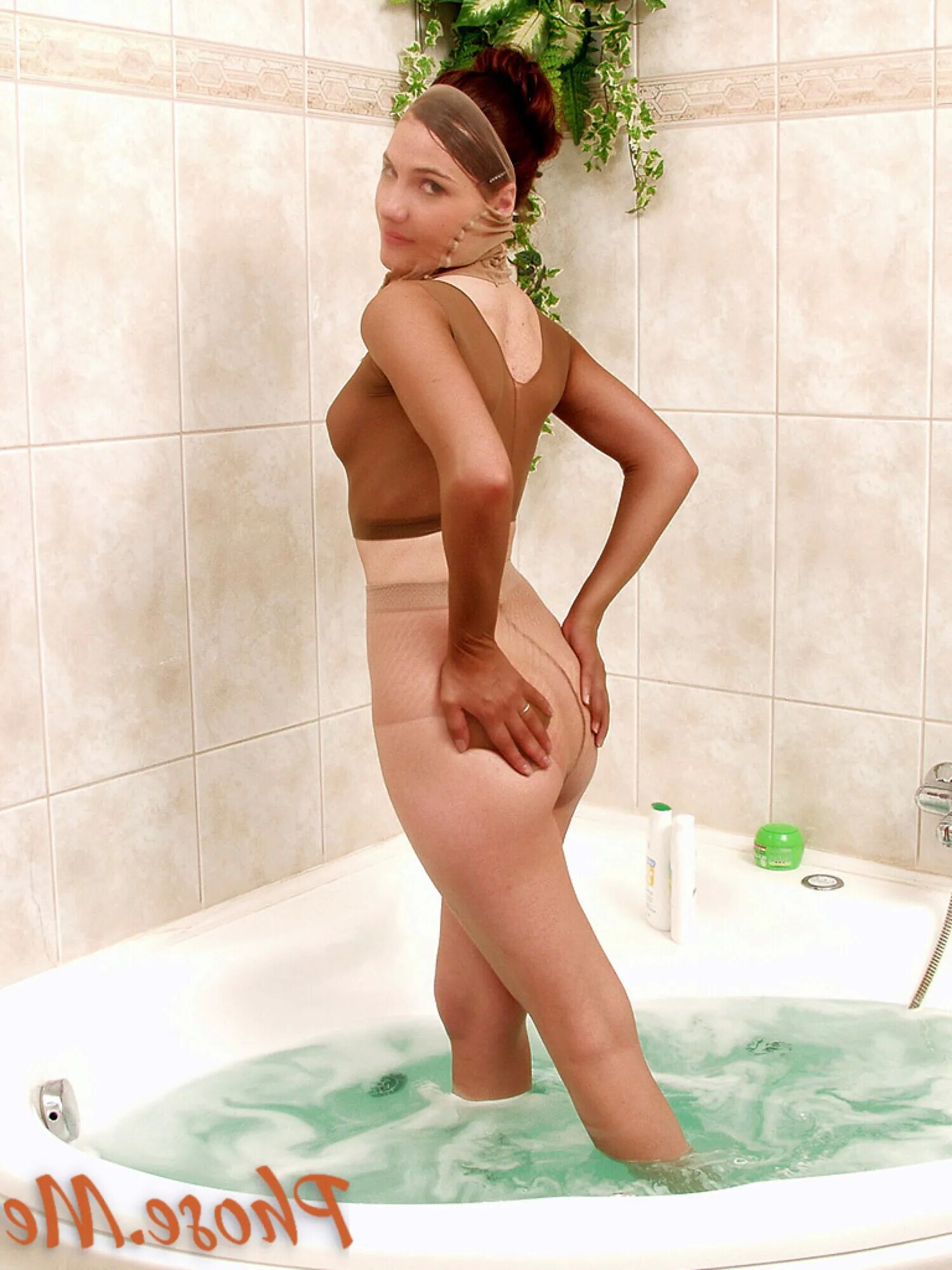 Cute Brunette In Pantyhose Encasement In The Bathtub - 30 Pics