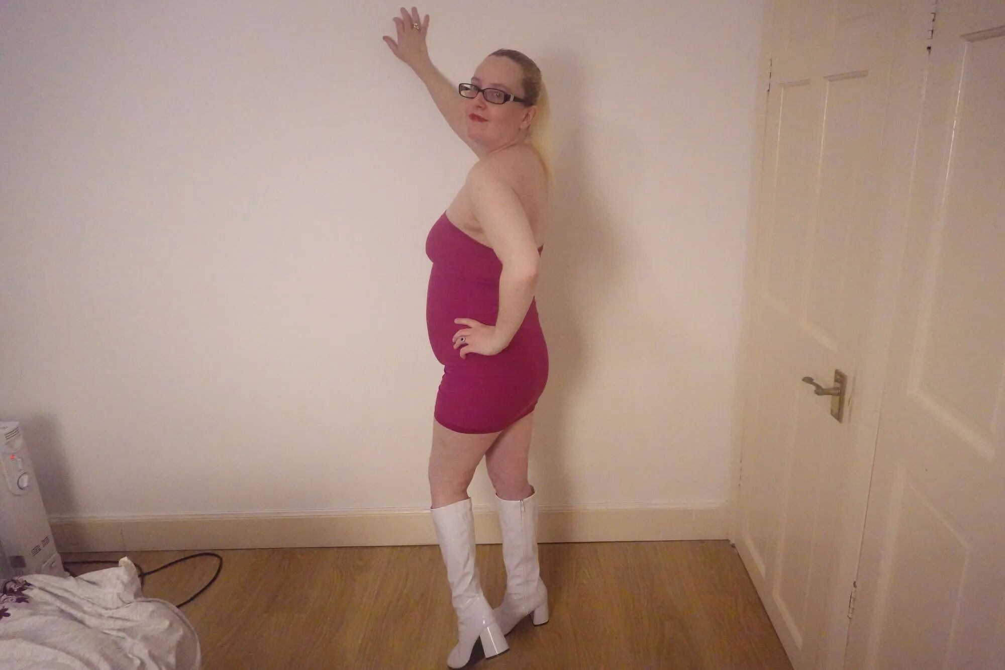 Date night pink dress and White PVC Knee Boots - 18 Pics