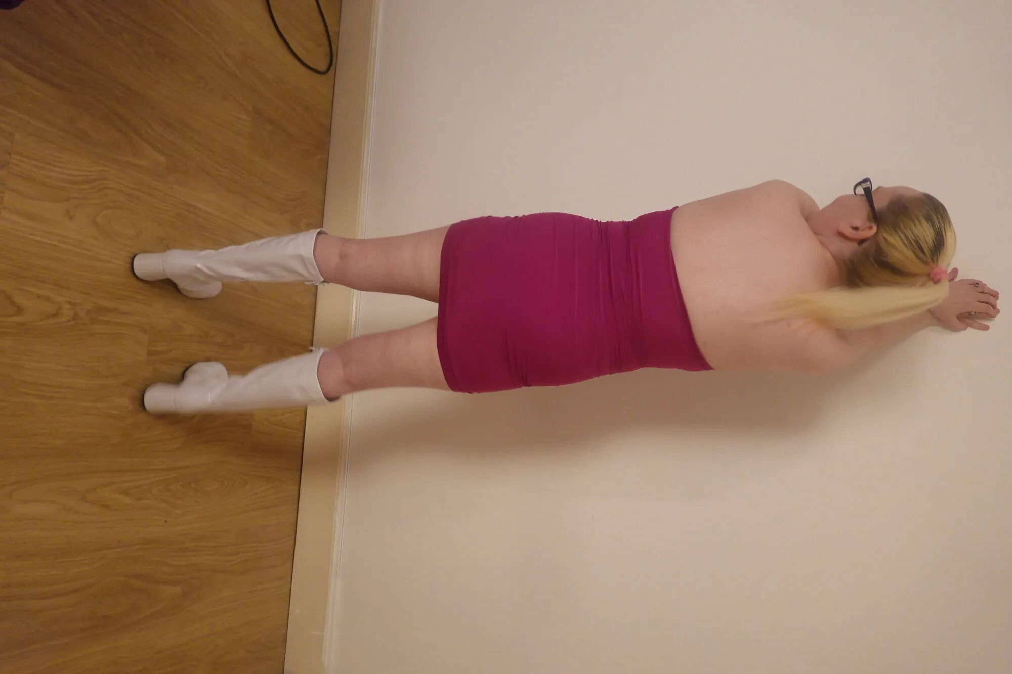 Date night pink dress and White PVC Knee Boots - 18 Pics