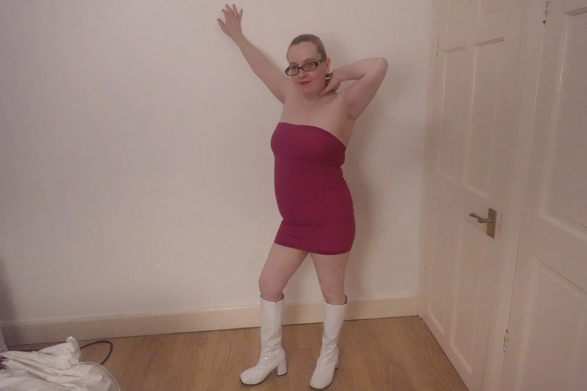 Date night pink dress and White PVC Knee Boots - 18 Pics