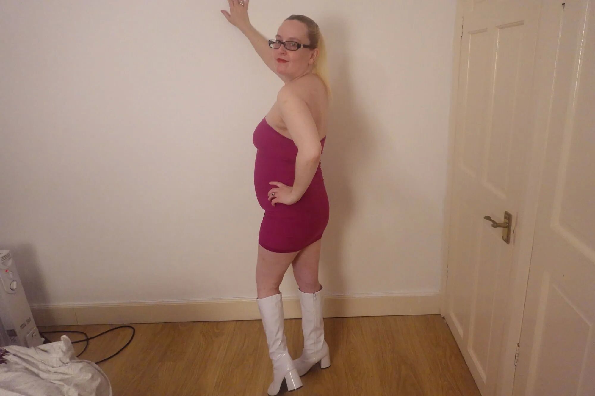 Date night pink dress and White PVC Knee Boots - 18 Pics