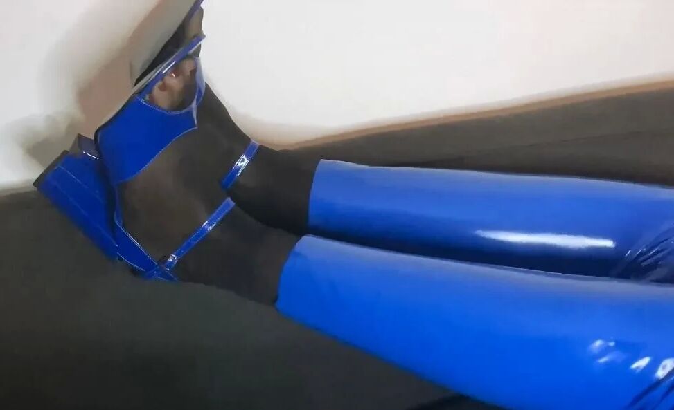 Blue Heels, Blue Leggings and Nylon Feet - 26 Pics
