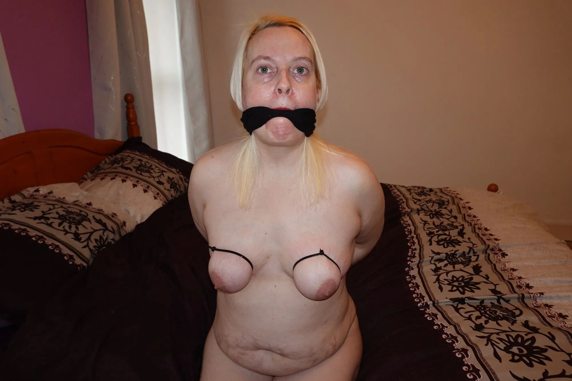 Gagged Slut with tits tied - 19 Pics