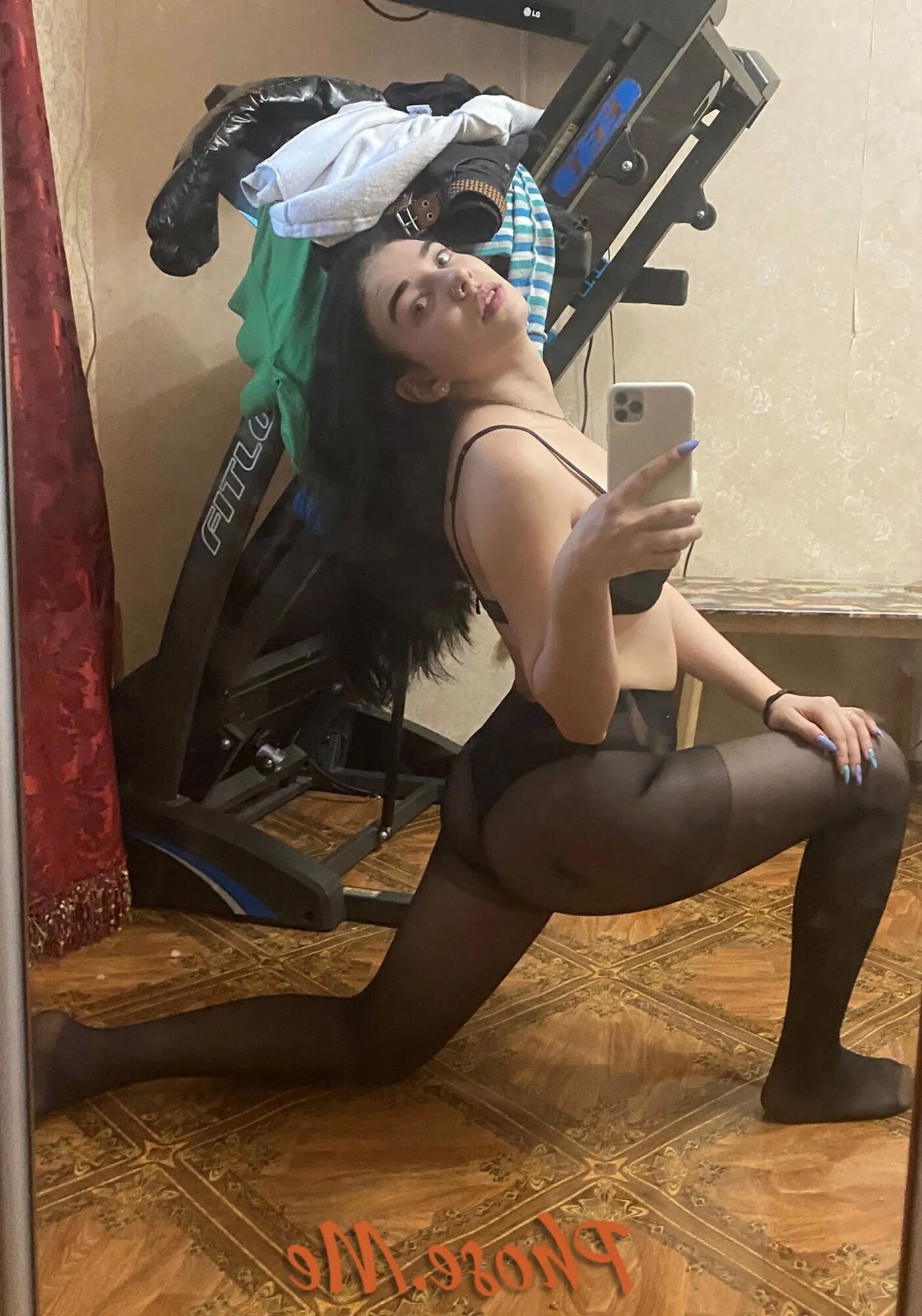 Brunette Beauty Taking Selfies In Black Pantyhose - 16 Pics