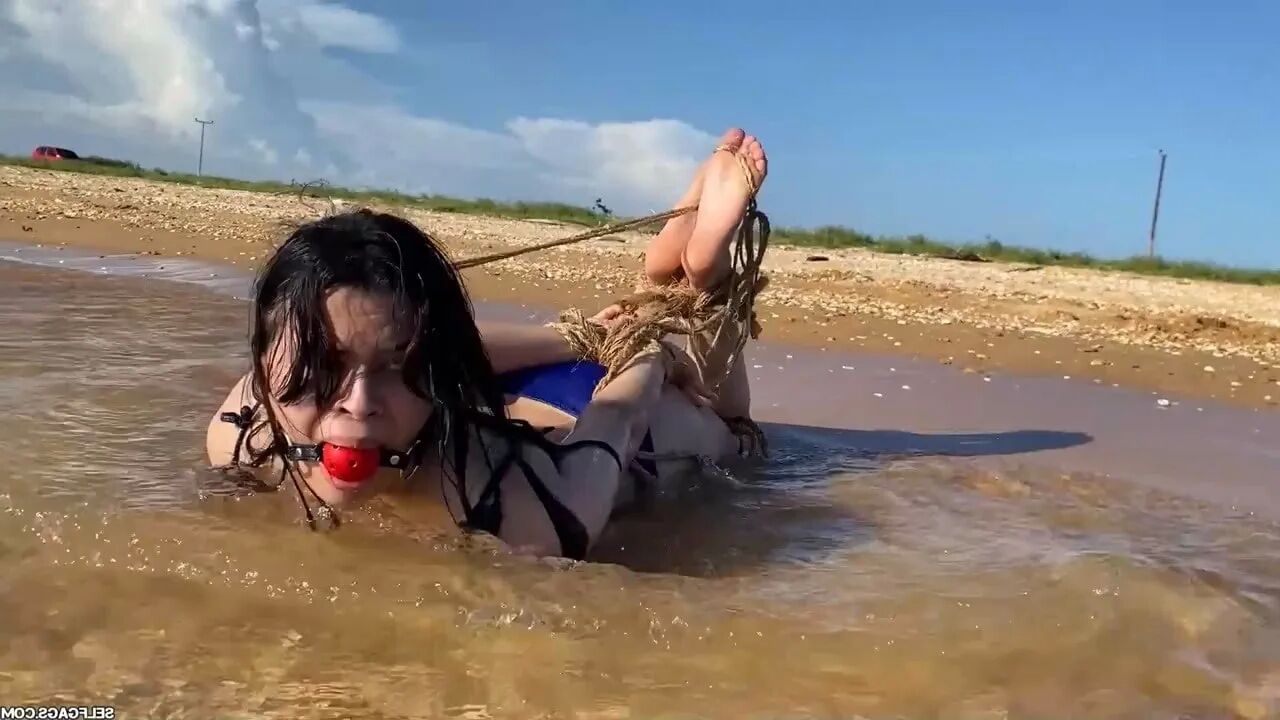 Hogtied And Ball Gagged In Sea Water - Selfgags - 33 Pics