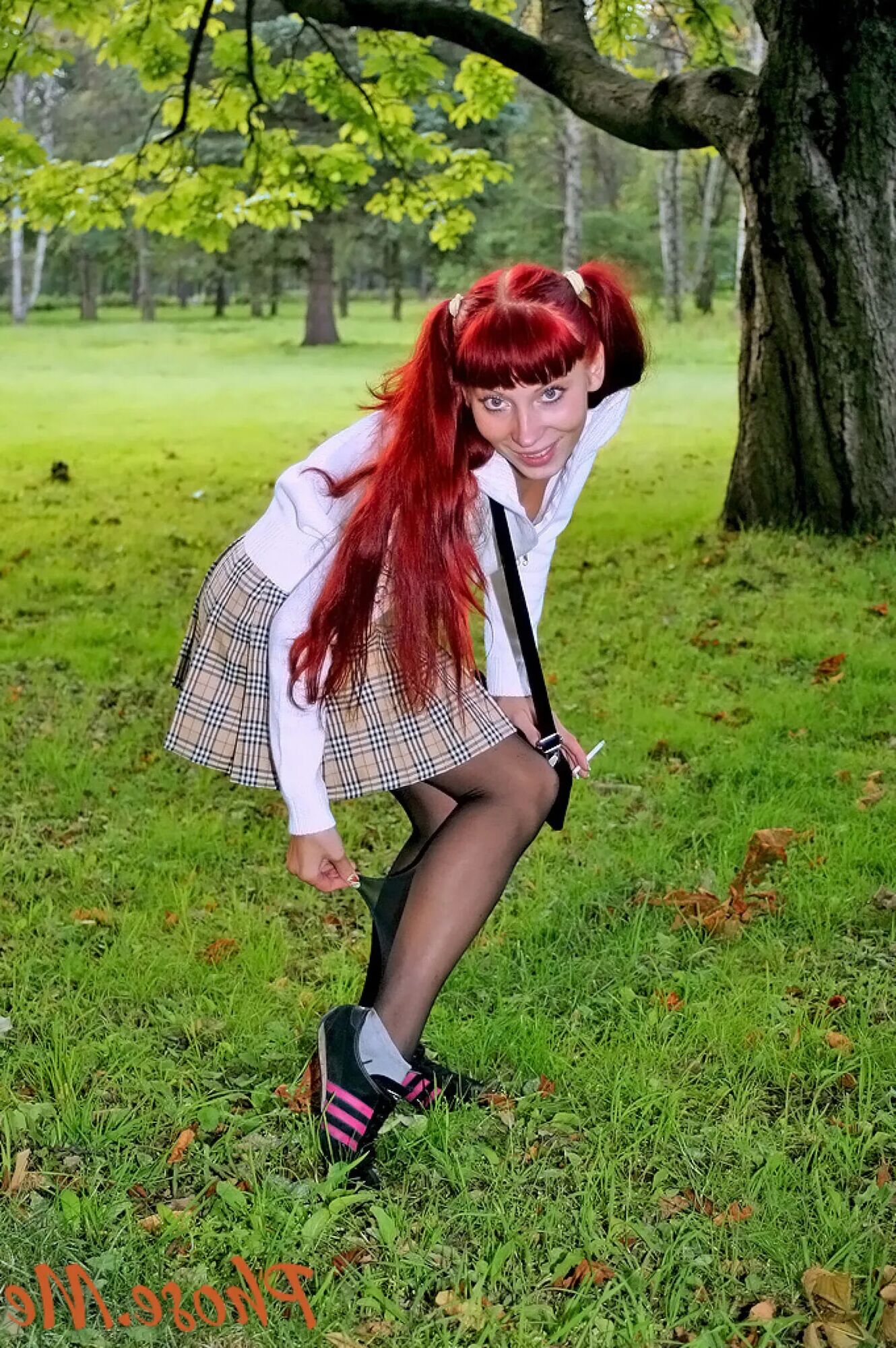 Redhead Outdoors In Plaid Skirt and Black Pantyhose - 47 Pics