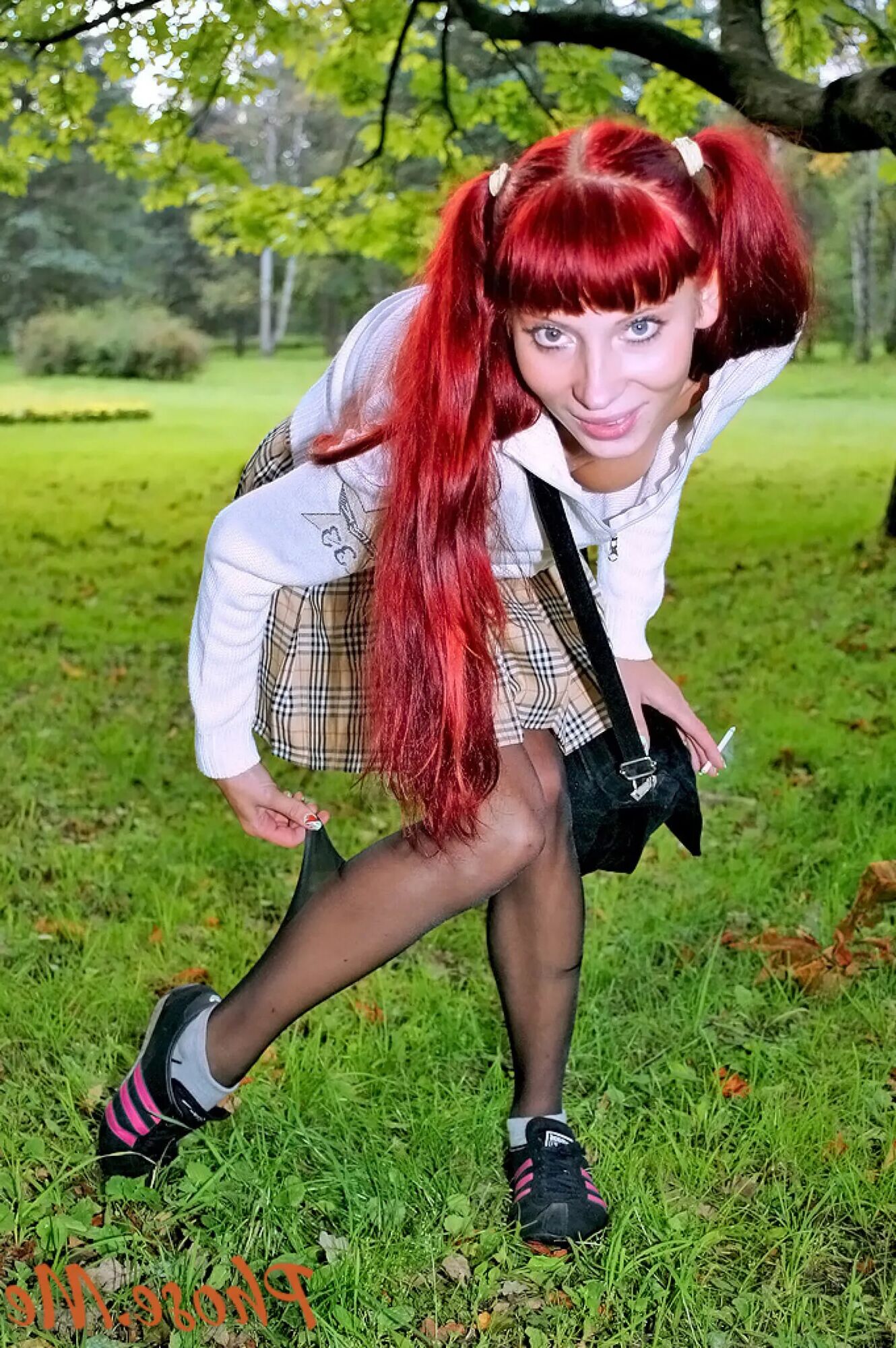 Redhead Outdoors In Plaid Skirt and Black Pantyhose - 47 Pics