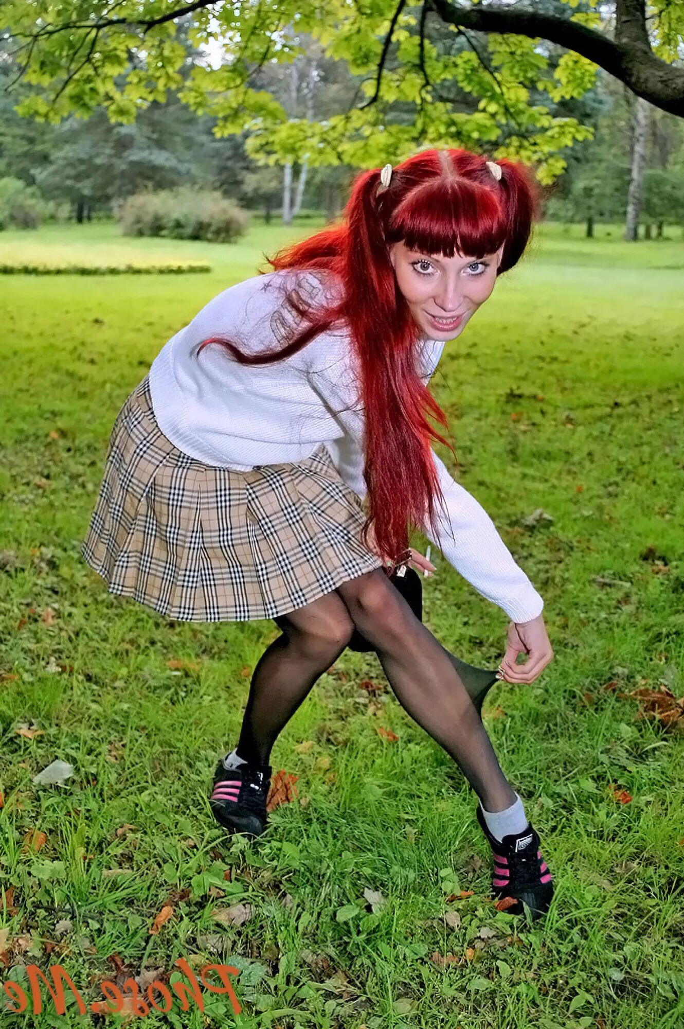 Redhead Outdoors In Plaid Skirt and Black Pantyhose - 47 Pics