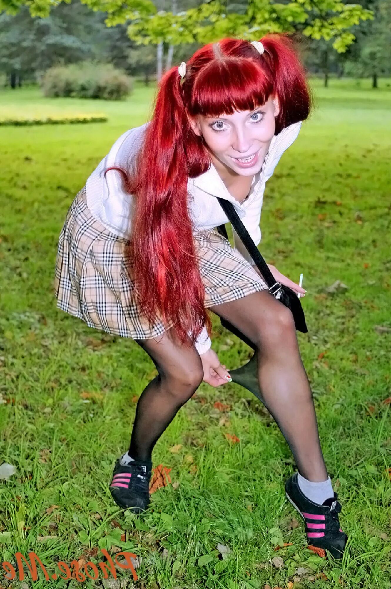Redhead Outdoors In Plaid Skirt and Black Pantyhose - 47 Pics