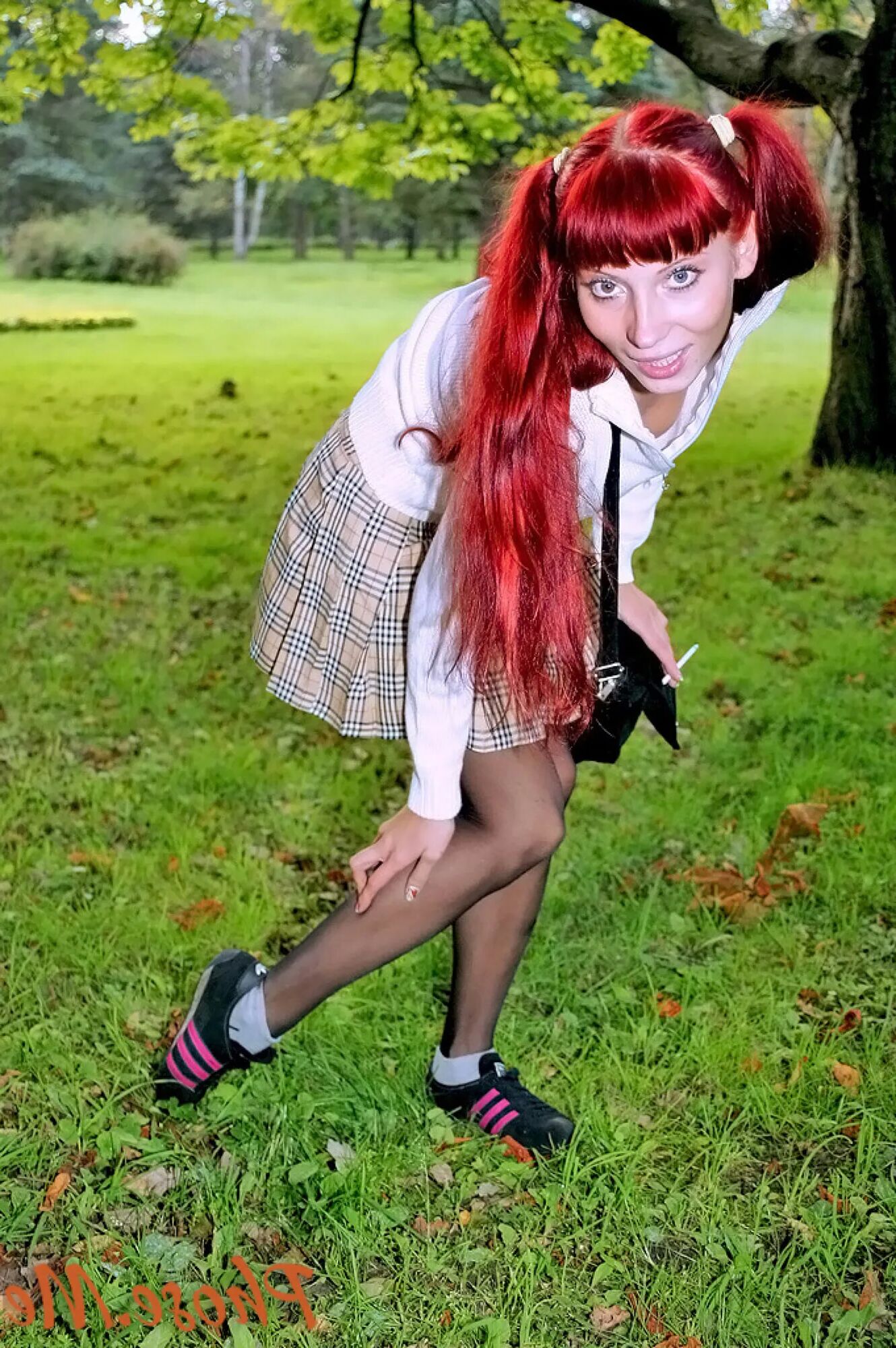 Redhead Outdoors In Plaid Skirt and Black Pantyhose - 47 Pics