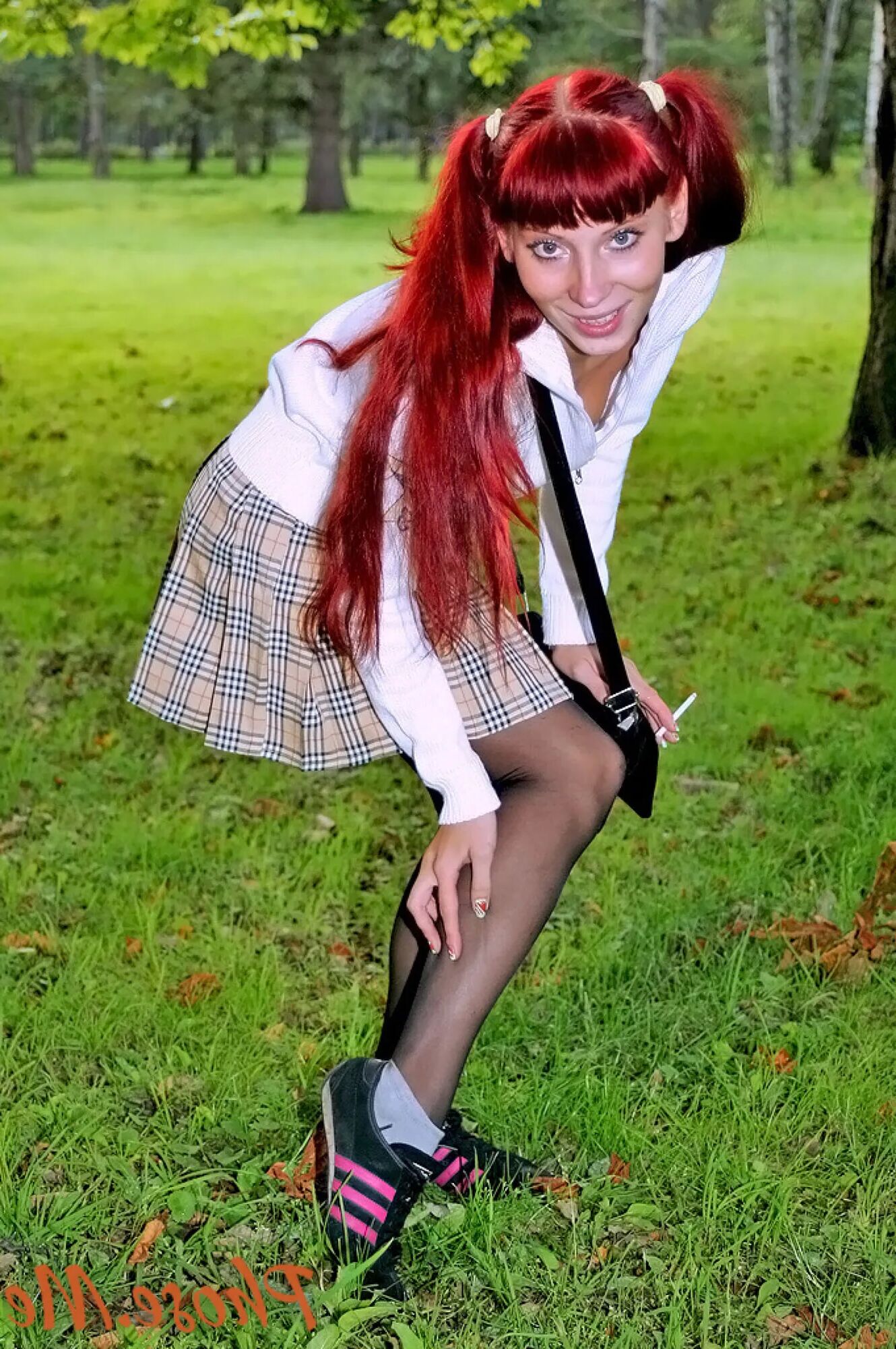 Redhead Outdoors In Plaid Skirt and Black Pantyhose - 47 Pics