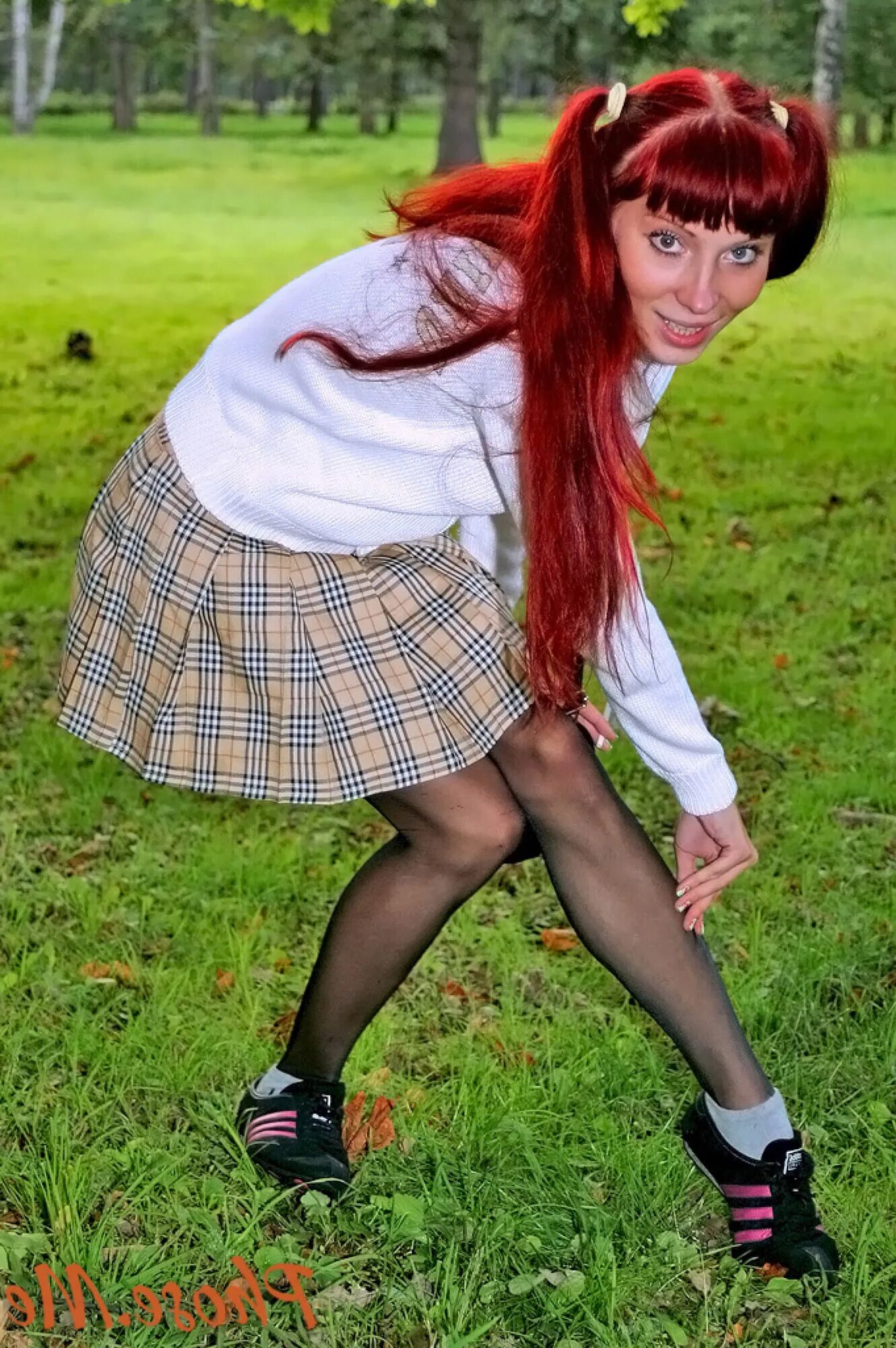 Redhead Outdoors In Plaid Skirt and Black Pantyhose - 47 Pics