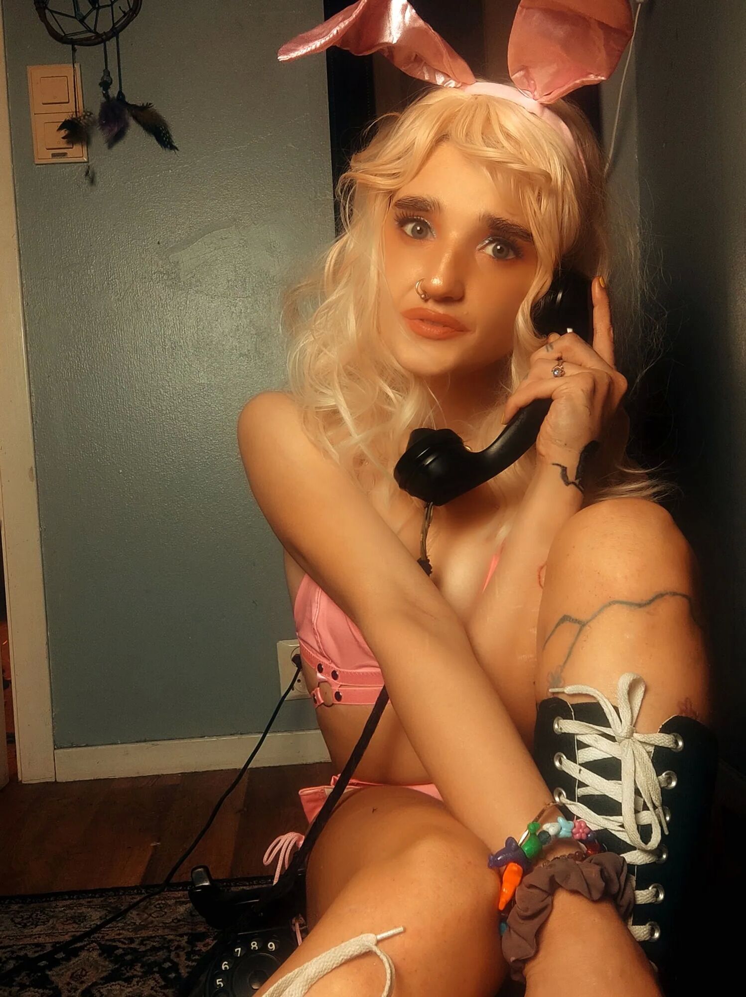Pink bunny talking on the phone while showing off pussy - 58 Pics