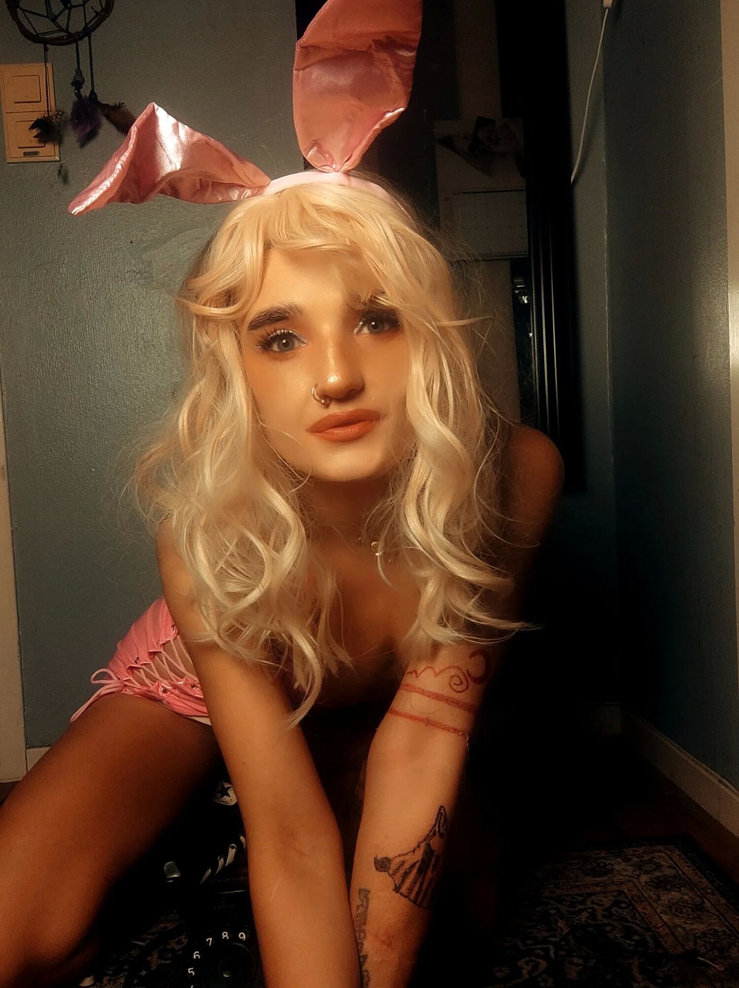 Pink bunny talking on the phone while showing off pussy - 58 Pics