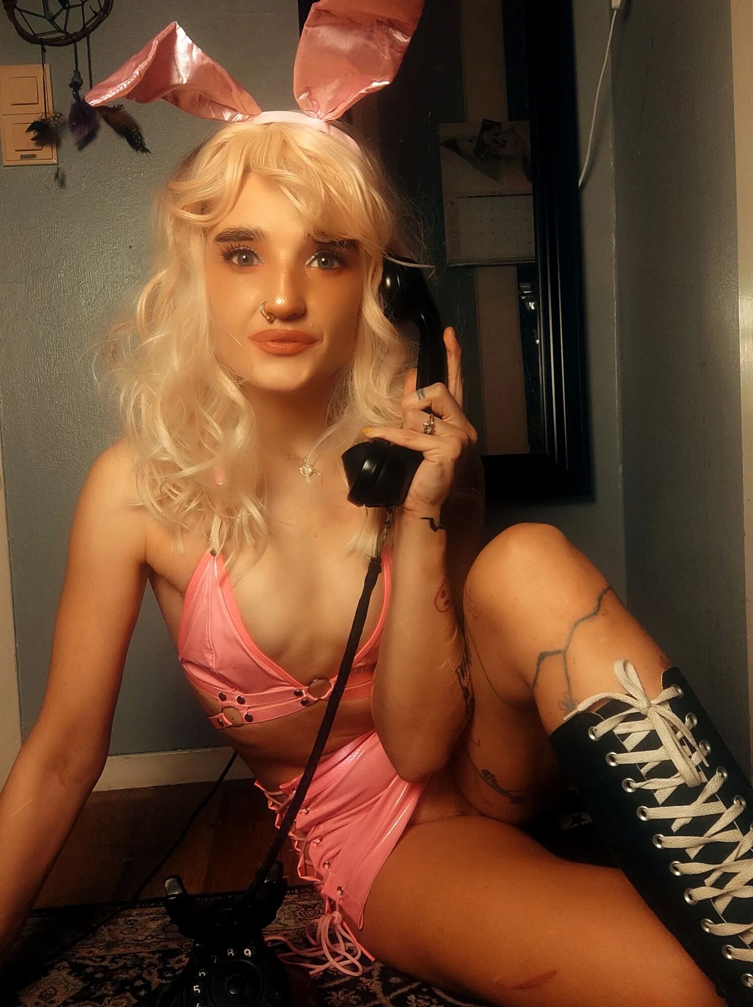 Pink bunny talking on the phone while showing off pussy - 58 Pics