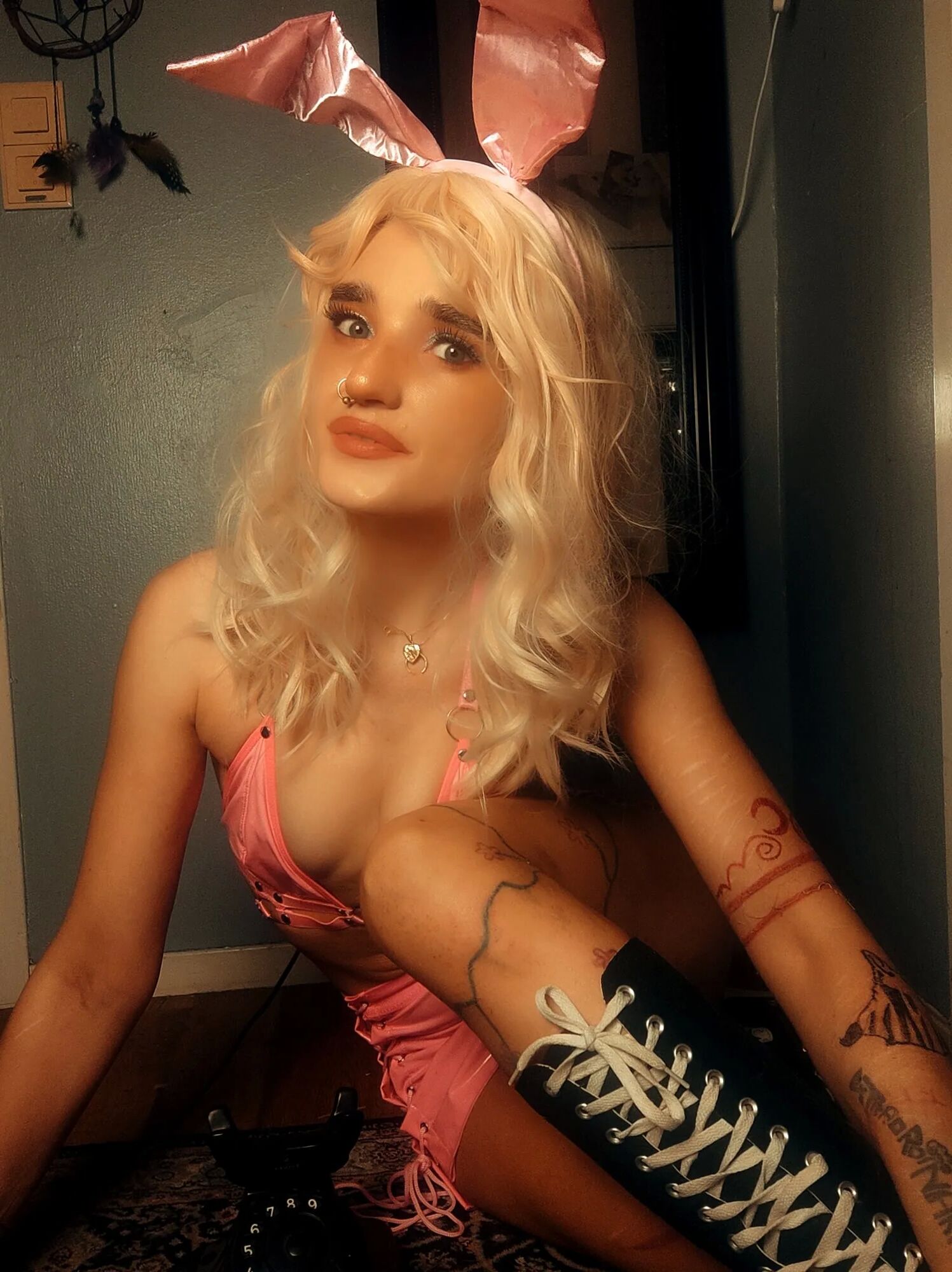 Pink bunny talking on the phone while showing off pussy - 58 Pics