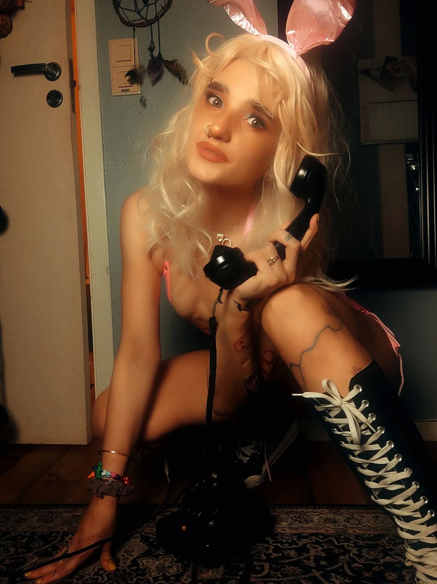 Pink bunny talking on the phone while showing off pussy - 58 Pics