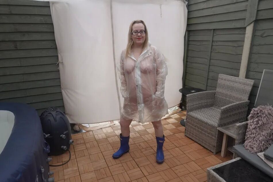 19 Pics British Tart in transparent plastic Mac and wellingtons