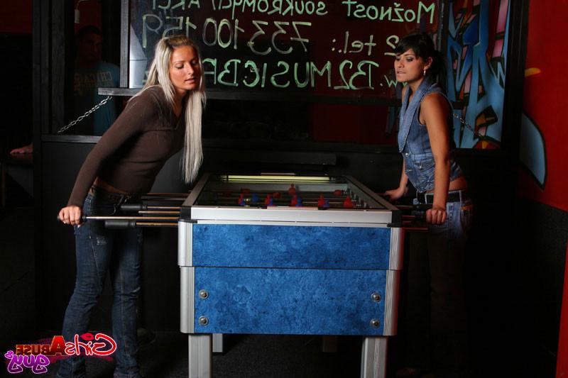 16P Guy loses at table soccer and the girls take it out on his ass