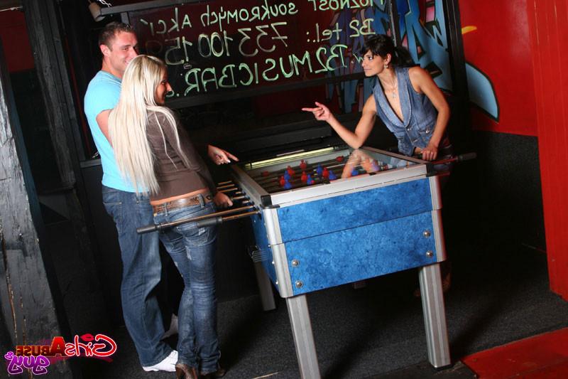 16P Guy loses at table soccer and the girls take it out on his ass