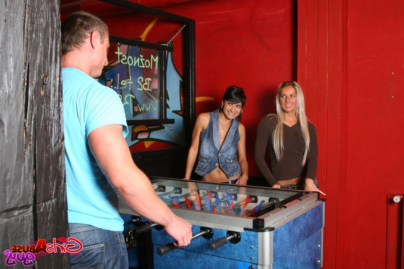 16P Guy loses at table soccer and the girls take it out on his ass