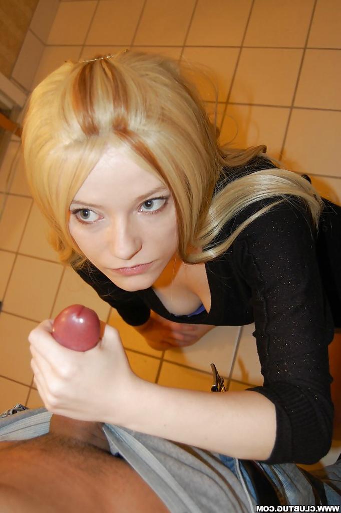 16P Adorable teen blonde gives a handjob and gets a facial cumshot