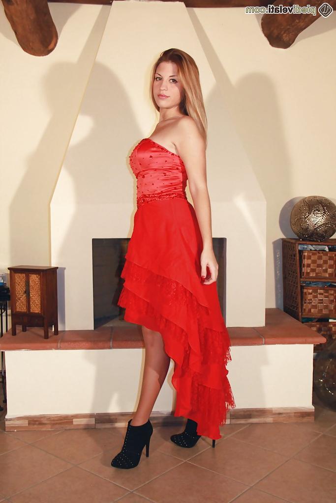 16P Adorable girl Elenas in red dress is showing her legs and pantyhose