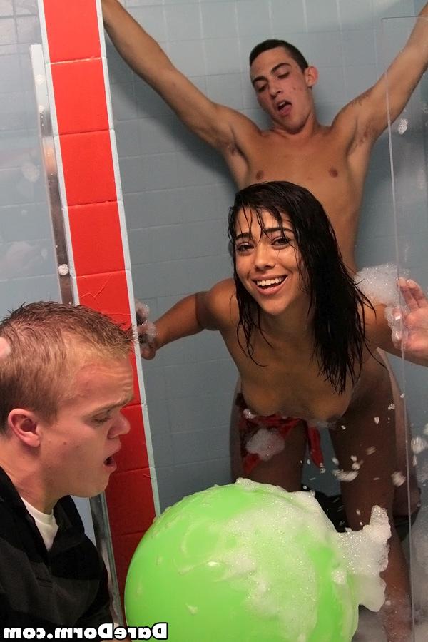 16P Adorable teenage brunettes are into threesome groupsex in the shower