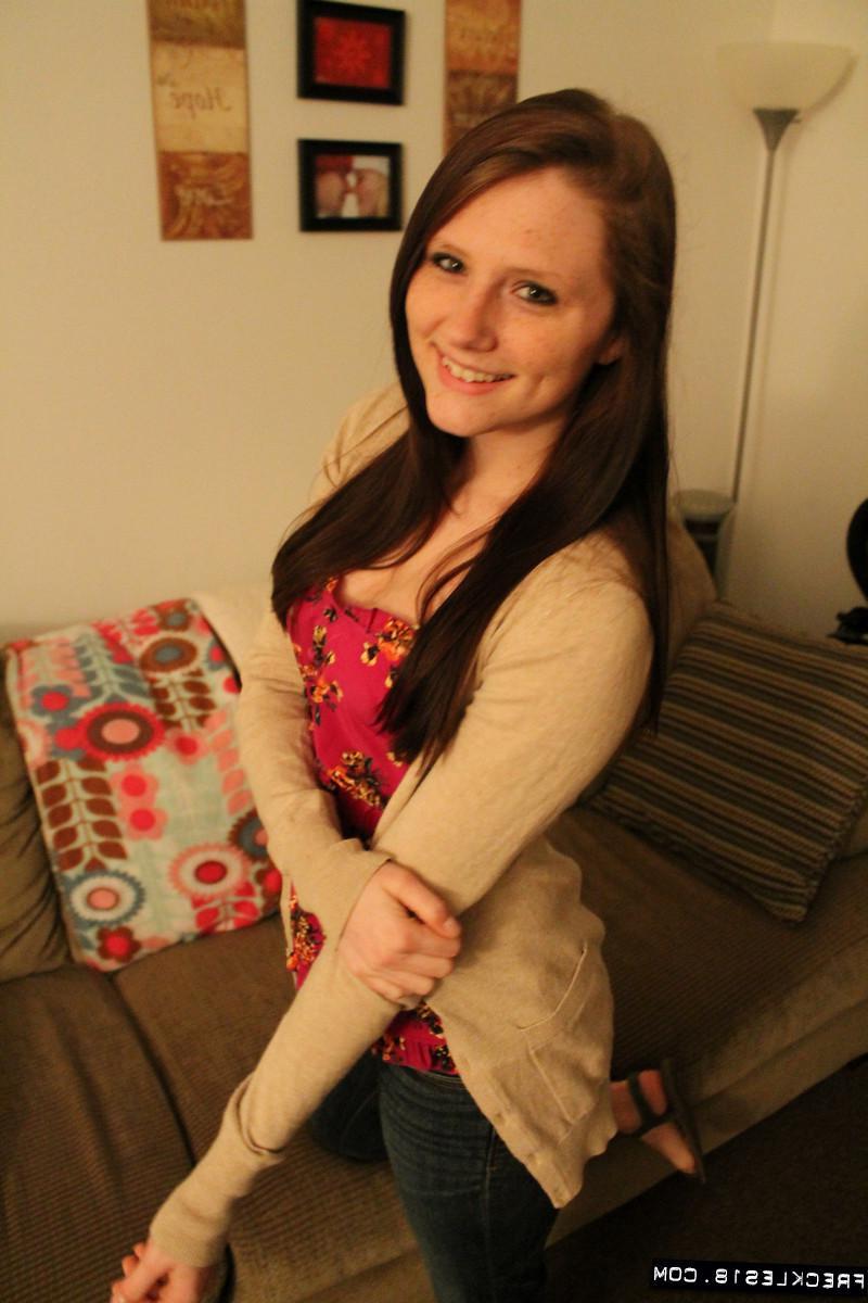 12P Adorable brunette teen Freckles 18 gives you a close-up look at her blue panties