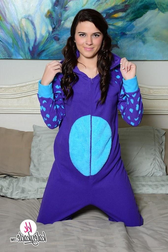 16P Kaley Kade strips off her adorable monster pajamas and masturbates