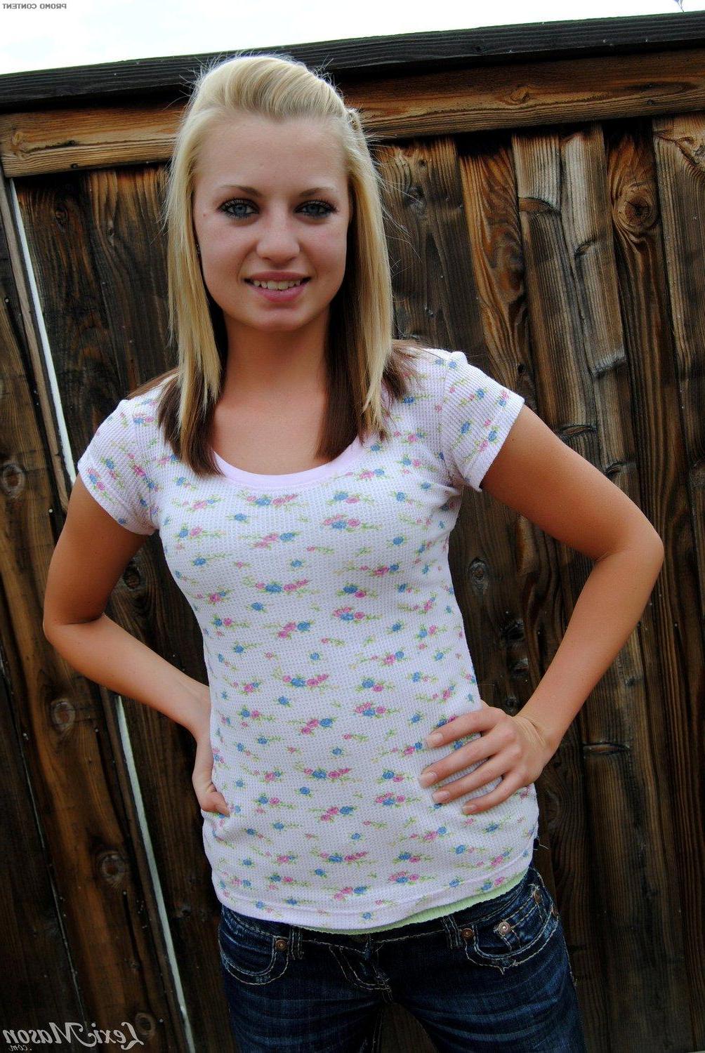 15P Pictures of adorable teen girl Lexi Mason exposing her tits and pussy in the back yard