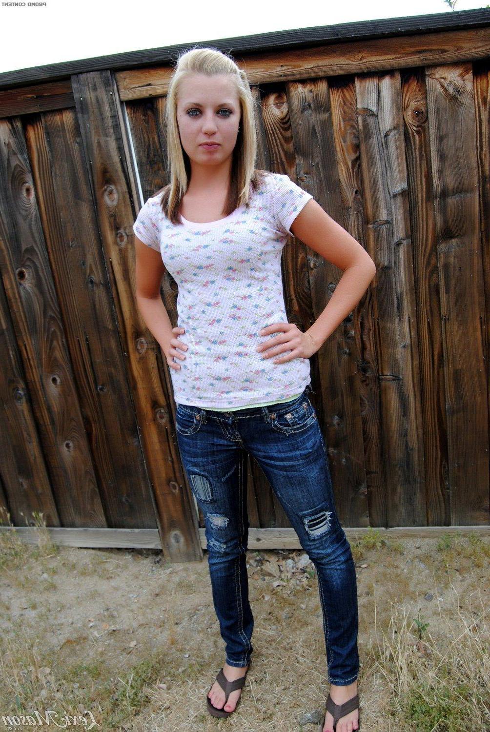15P Pictures of adorable teen girl Lexi Mason exposing her tits and pussy in the back yard