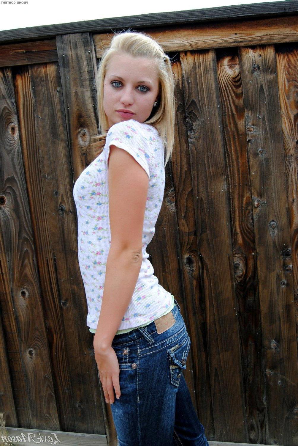 15P Pictures of adorable teen girl Lexi Mason exposing her tits and pussy in the back yard
