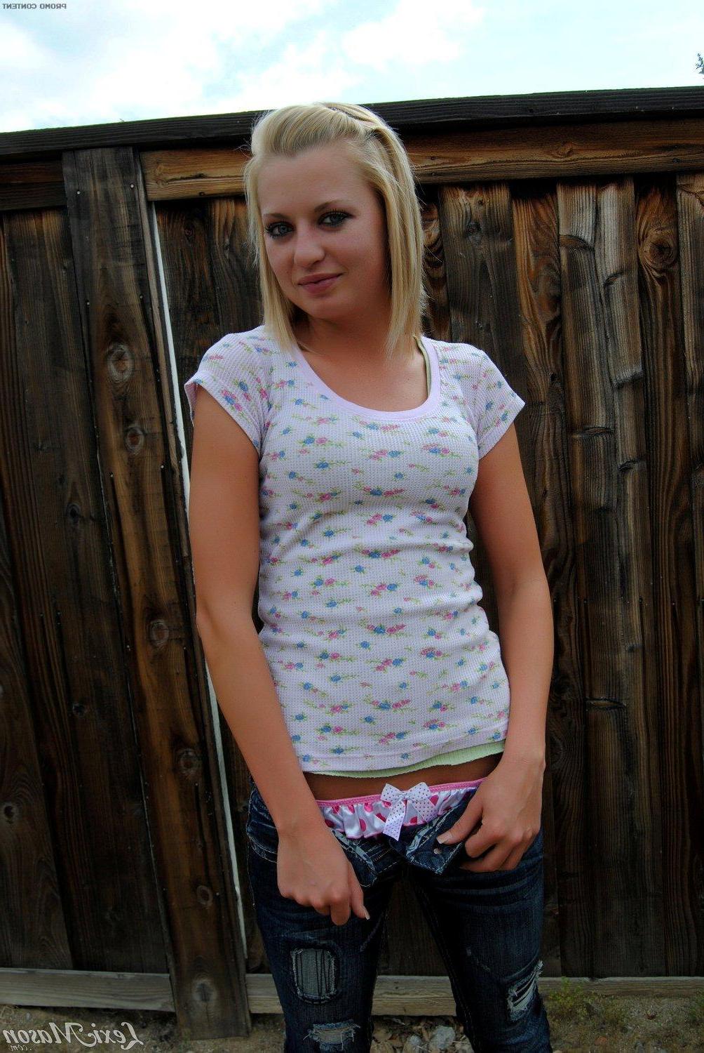 15P Pictures of adorable teen girl Lexi Mason exposing her tits and pussy in the back yard