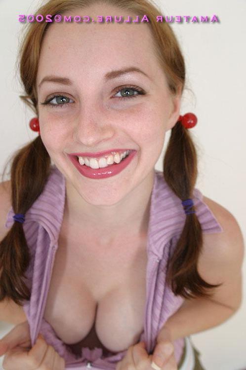 16P Pictures of cute redhead teen Tabetha sucking cock in pigtails