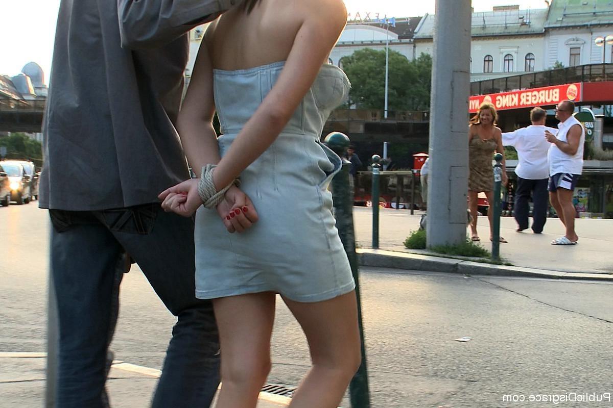 24P Hot brunette bound and fucked then made to walk on a crowded bridge with cum cov