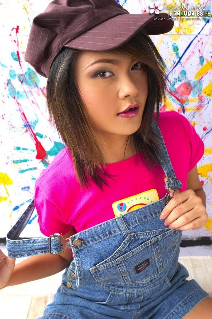 15P Petite adorable Asian teen shows her perky tits and hairy pussy