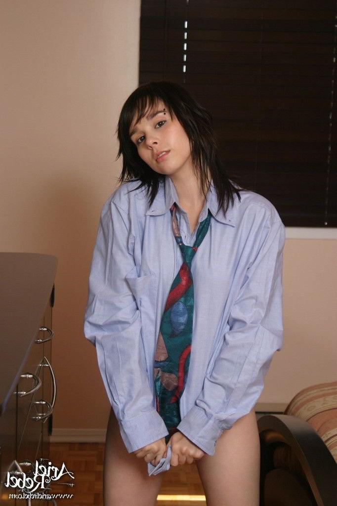 16P Lovely teen brunette wearing nothing under her sexy men shirt