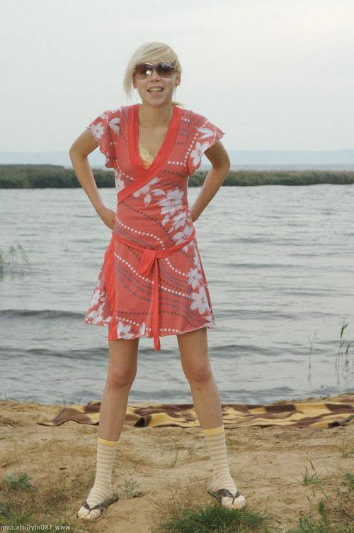 16P Adorable small titted blonde teenie posing naked on the beach