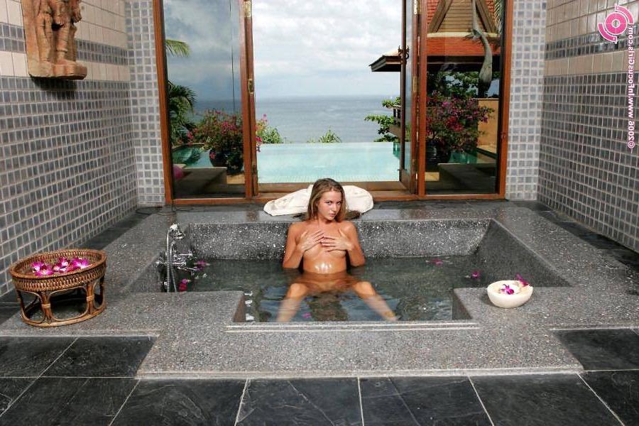 16P Adorable amateur teen posing in a big stone tub and gets fisting