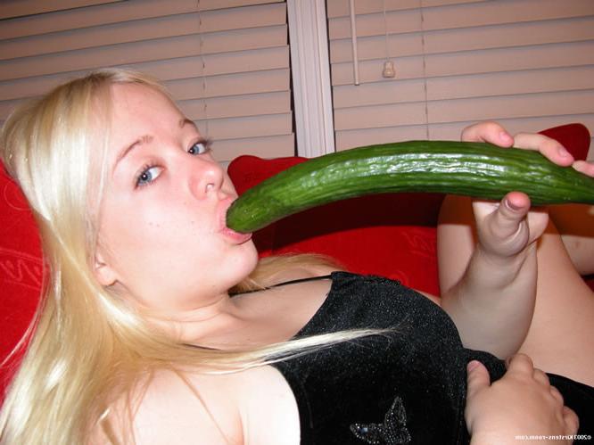 19P Adorable blonde teen licking big cucumber