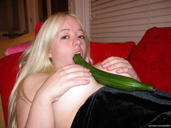 19P Adorable blonde teen licking big cucumber