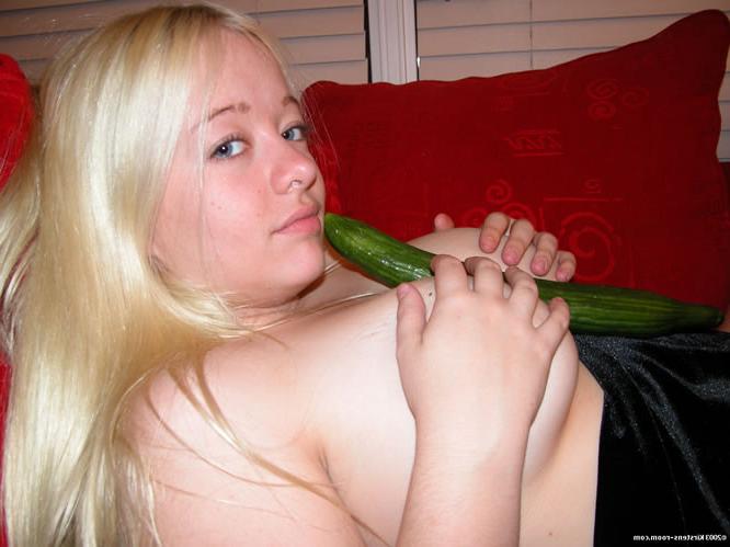 19P Adorable blonde teen licking big cucumber