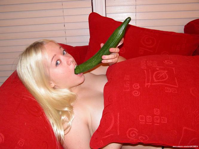 19P Adorable blonde teen licking big cucumber