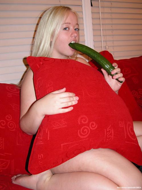 19P Adorable blonde teen licking big cucumber