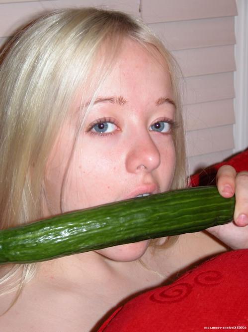 19P Adorable blonde teen licking big cucumber