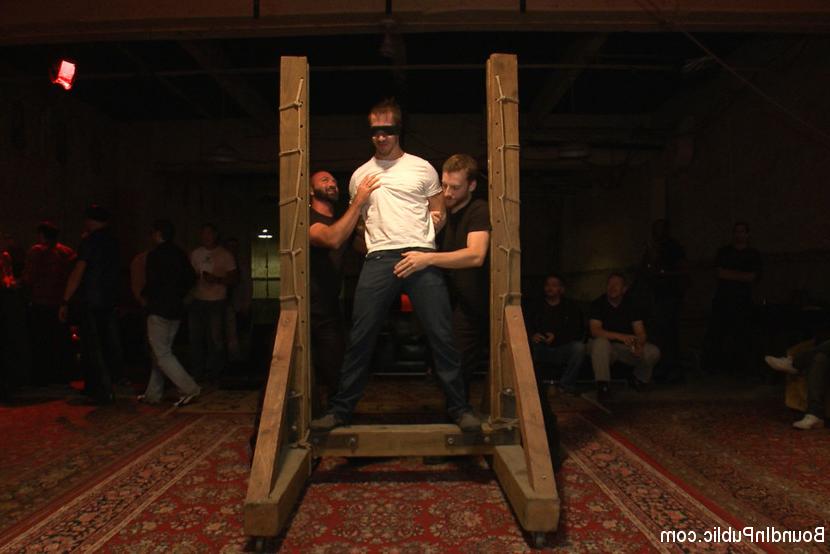 15P 100 horny men use and abuse a handsome hunk at a party.