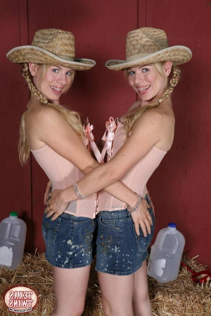16P Adorable blonde twin teenage sisters are teasing
