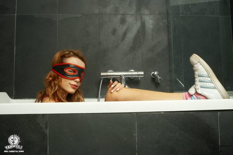 17P Adorable masked redhead teen beauty exposing herself in bathroom
