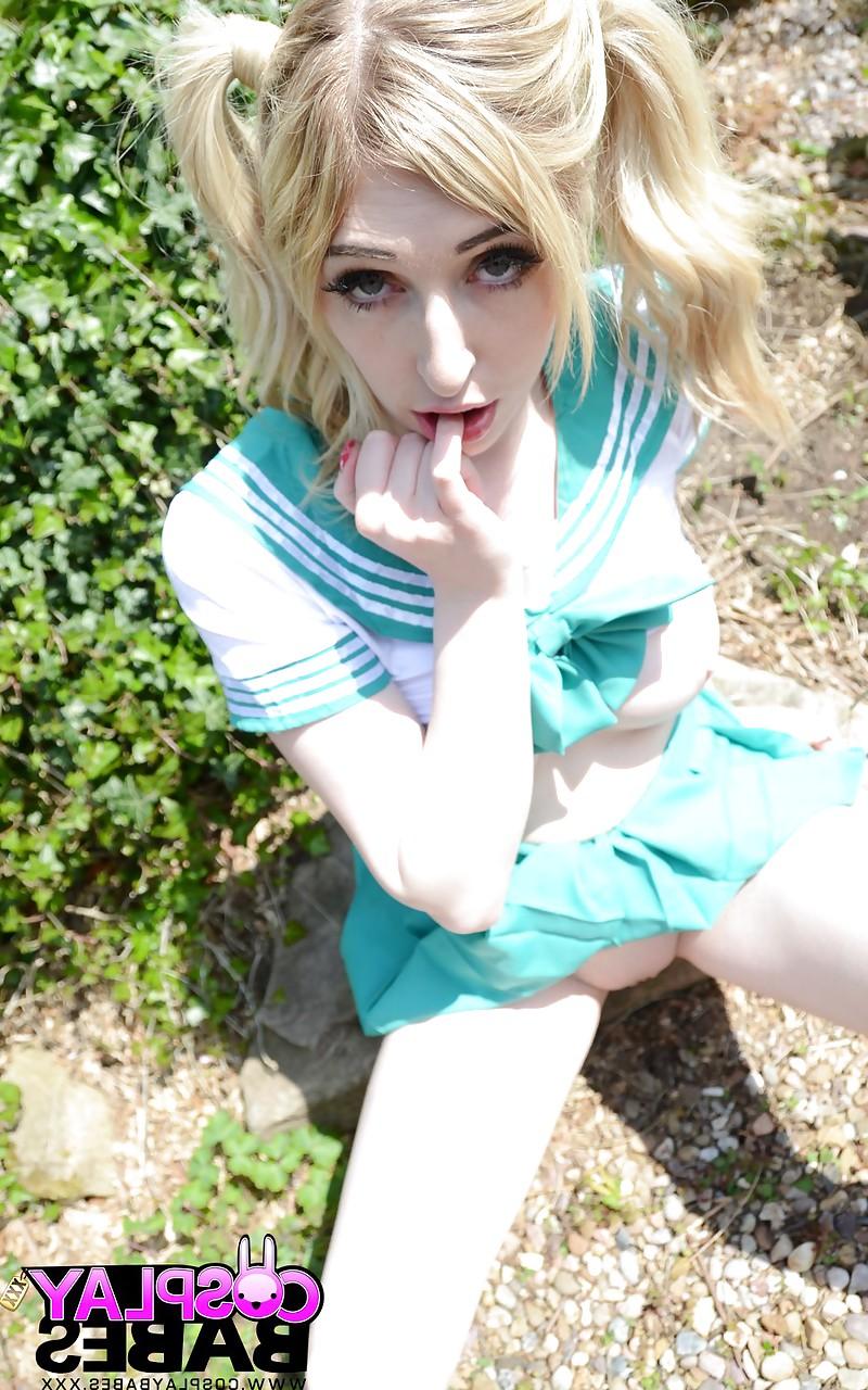 14P Cosplay girl Jessica Jensen flashing naked upskirt and baring tits outdoors